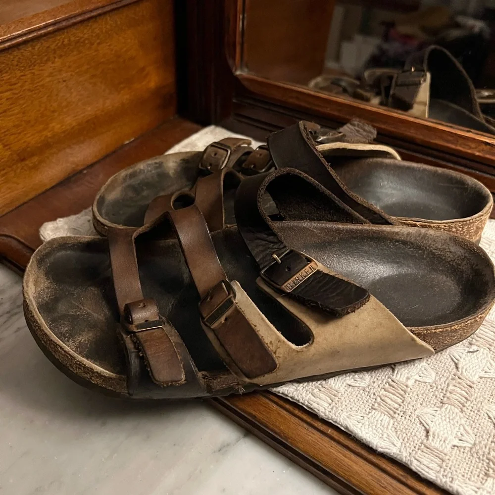 BIRKENSTOCK Classic Florida Soft Footbed Leather Sandals Brown Cream‎ Wms Sz 6.5